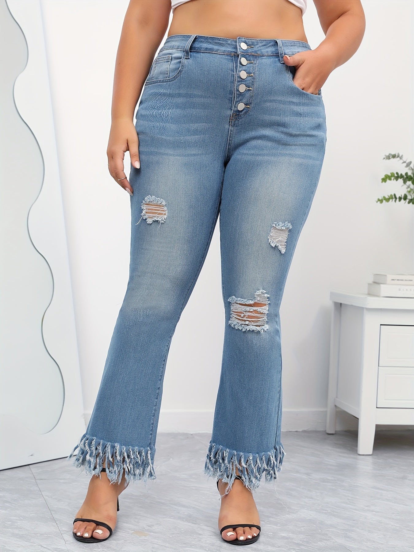  Washed Ripped Fringe Trim Jeans