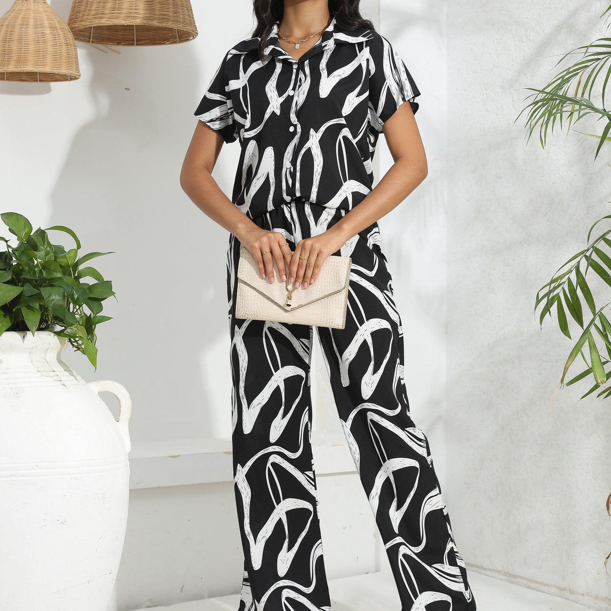 Abstract Print Two Piece Set Casual Outfit