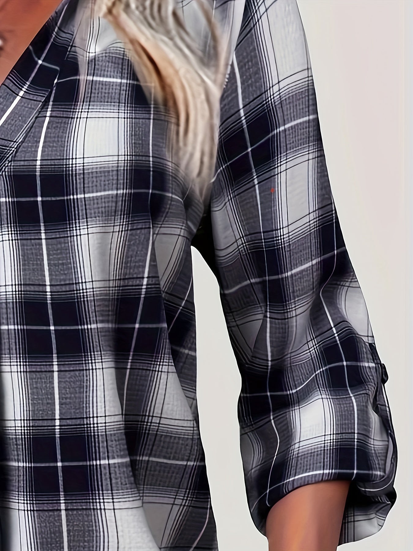  Plaid Print Roll Up Long Sleeve V Neck Blouse
