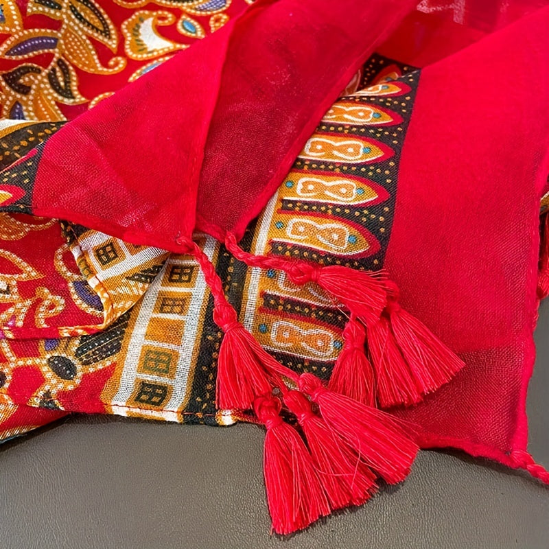 Floral Print Scarf with Tassels for Women
