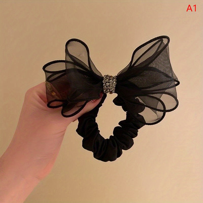 Mesh Bow Hair Ring Rhinestone Bow Ponytail Hair Rope Women's Hair Accessories