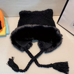 Warm Knit Beanie with Cat Ears and Tassels