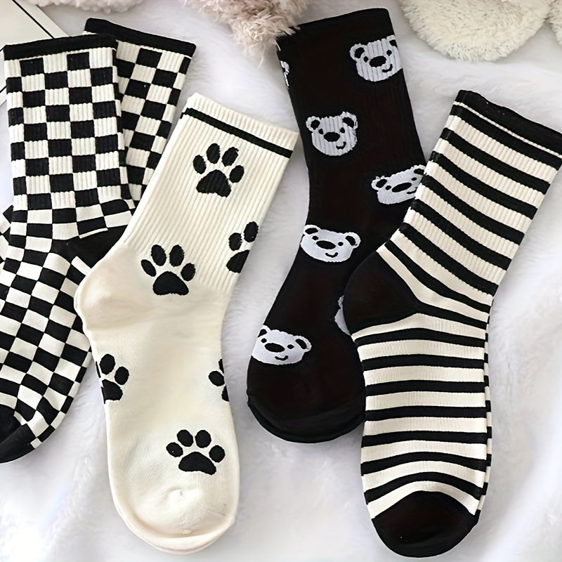 10 Pairs Women's Bear & Plaid Print Mid Tube Socks