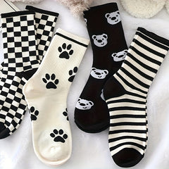10 Pairs Women's Bear & Plaid Print Mid Tube Socks