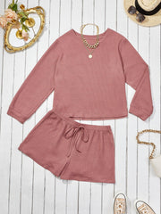  Waffle Pattern Long Sleeve Top & Shorts 2 Piece Set