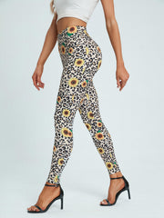 Leopard & Sunflower Print Leggings Stretchy Women's Clothing