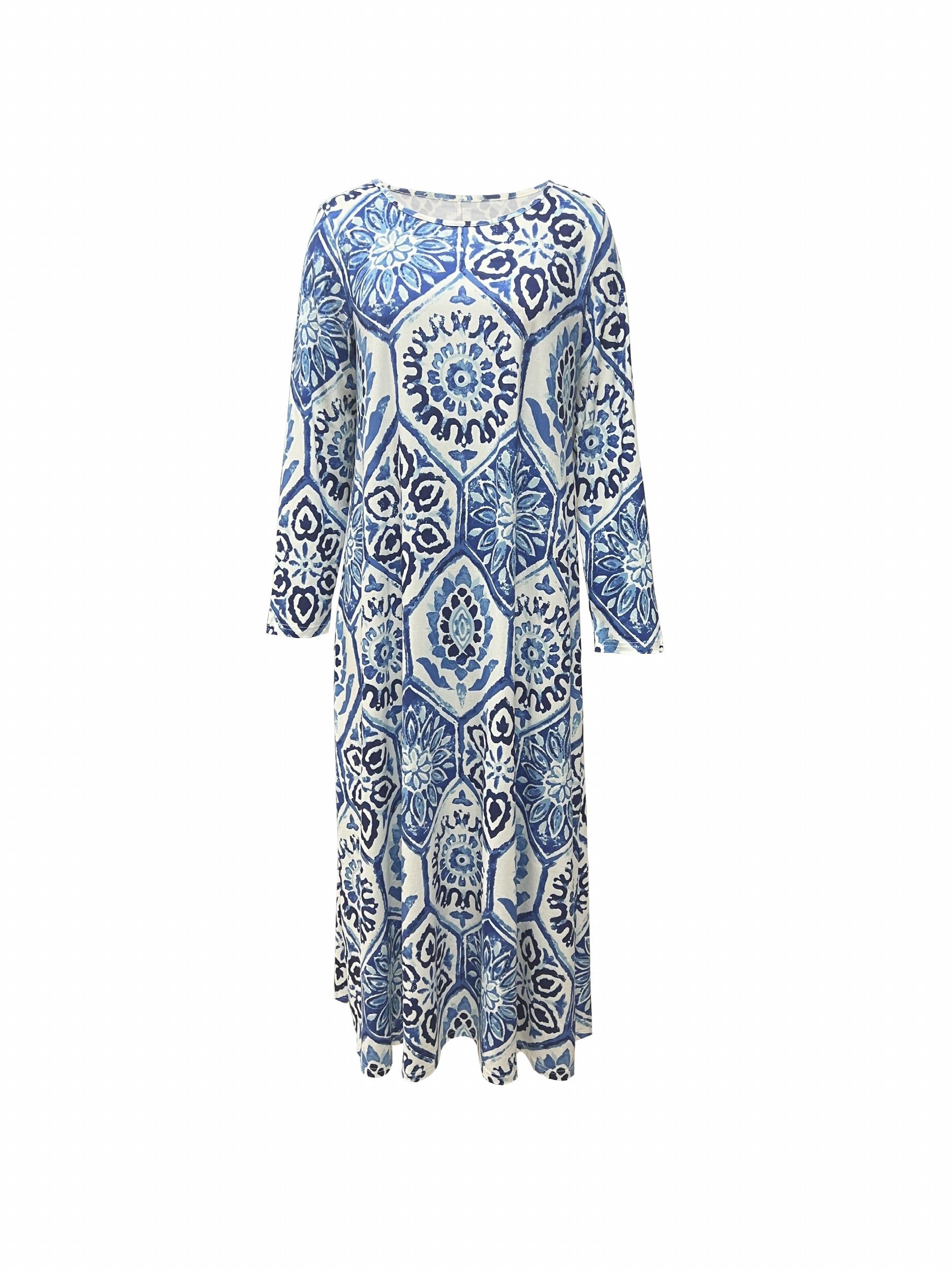 Boho Maxi Dress Plus Size Allover Print Long Sleeve Round Neck