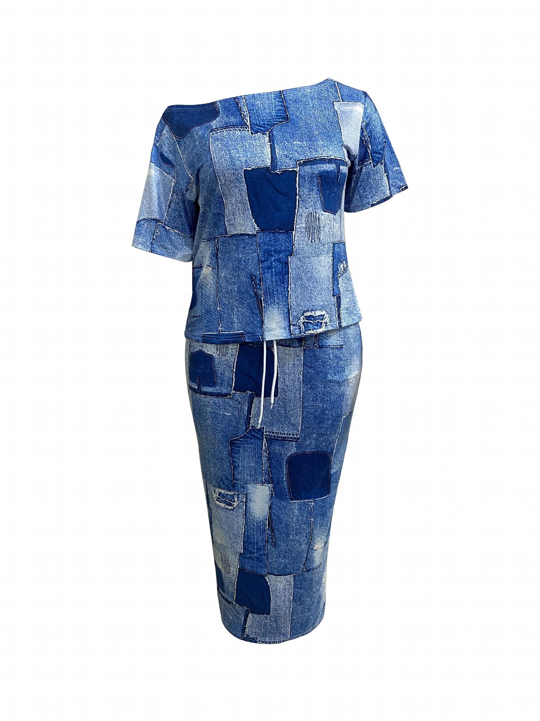  Denim Print One Shoulder Top & Skirt Set