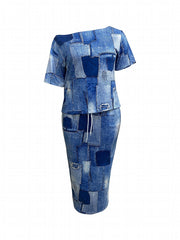  Denim Print One Shoulder Top & Skirt Set