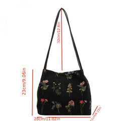 Floral Embroidery Shoulder Bag Canvas Bucket Bag Handbag