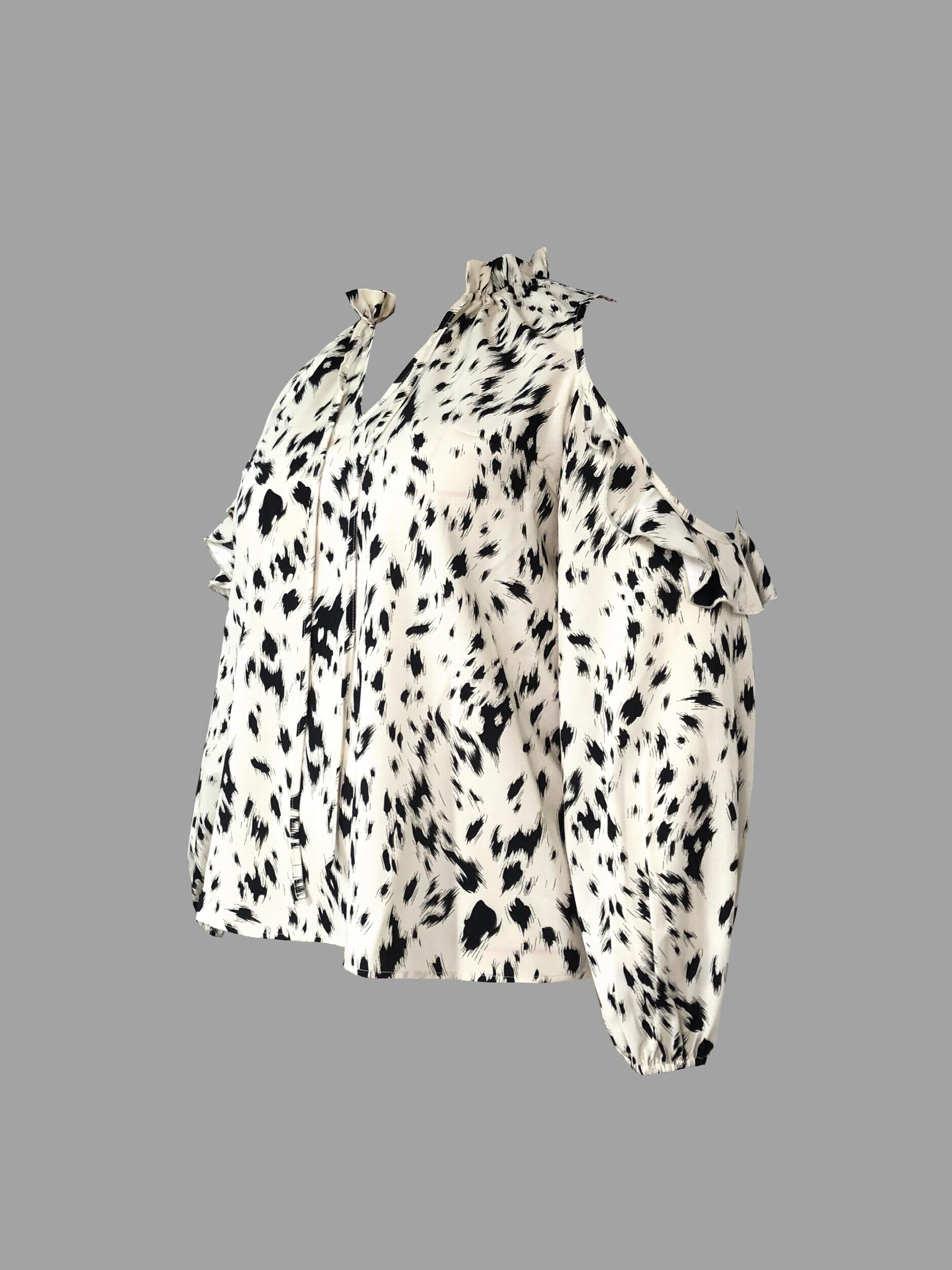  Leopard Print Ruffle Trim Cold Shoulder Blouse