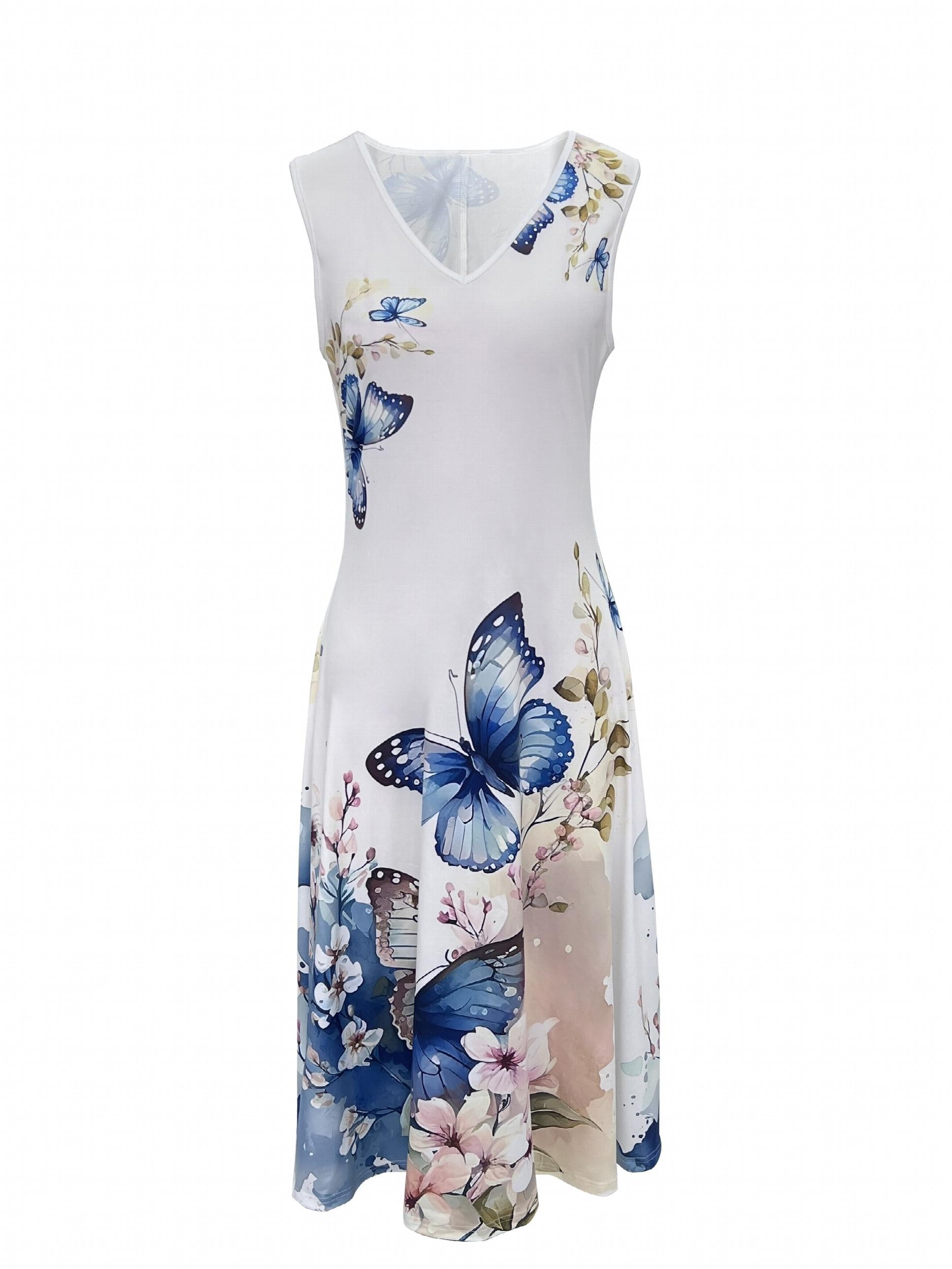 Solid Cardigan & Butterfly Print Dress Set Women's Clothing