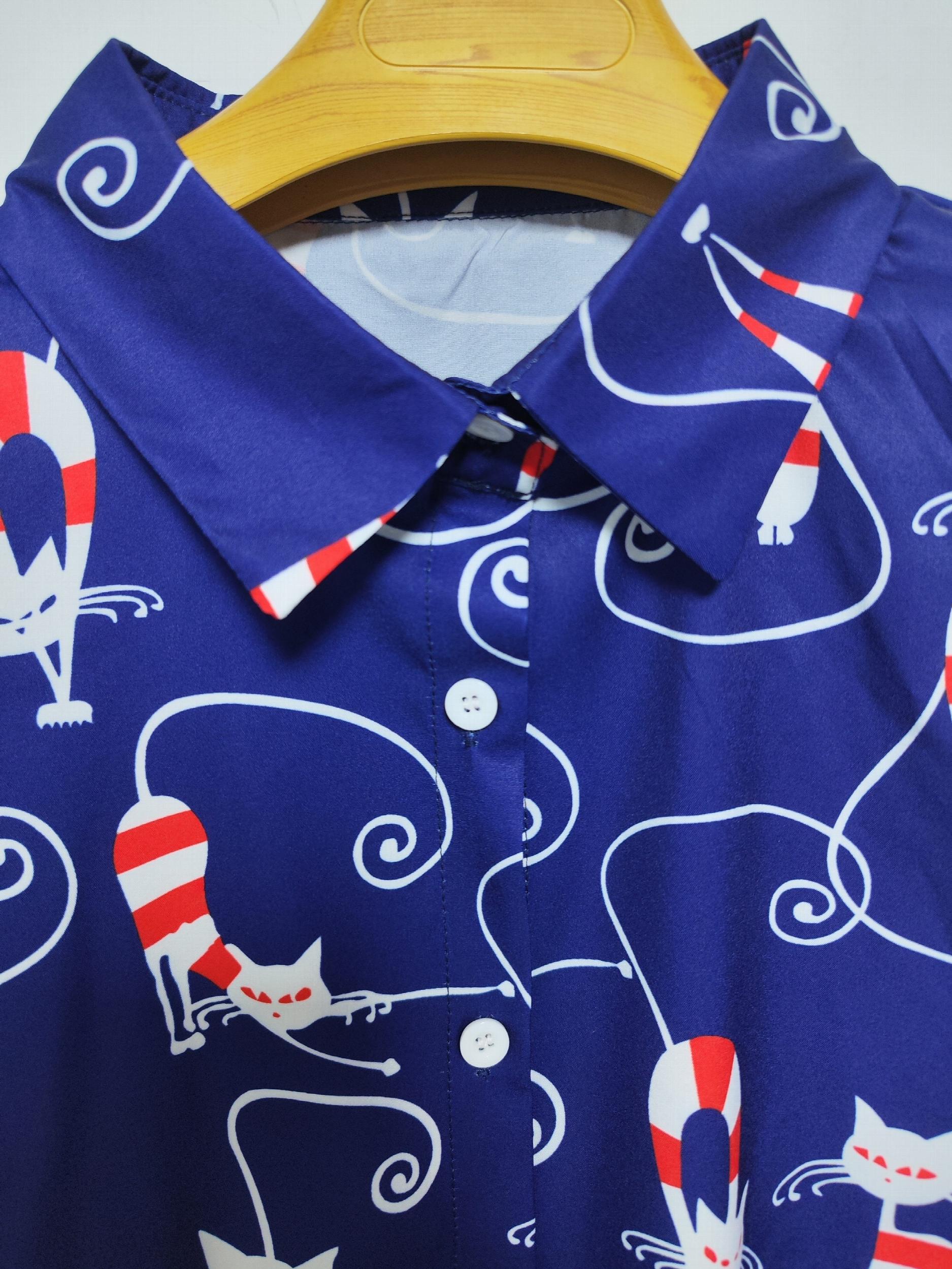  Cat Print Button Up Long Sleeve Blouse