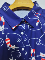  Cat Print Button Up Long Sleeve Blouse