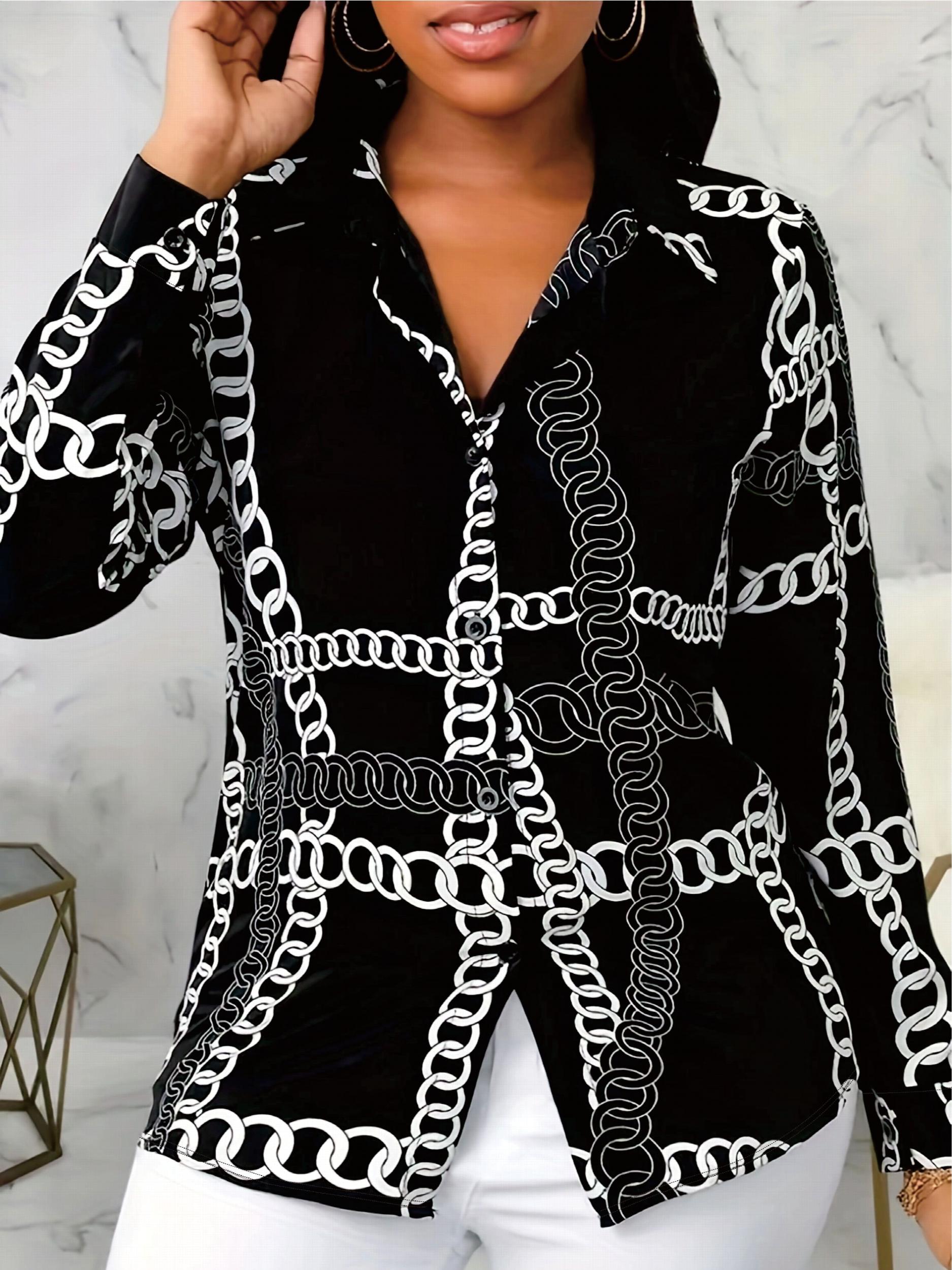  Chain Print Button Up Long Sleeve Blouse