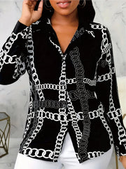  Chain Print Button Up Long Sleeve Blouse