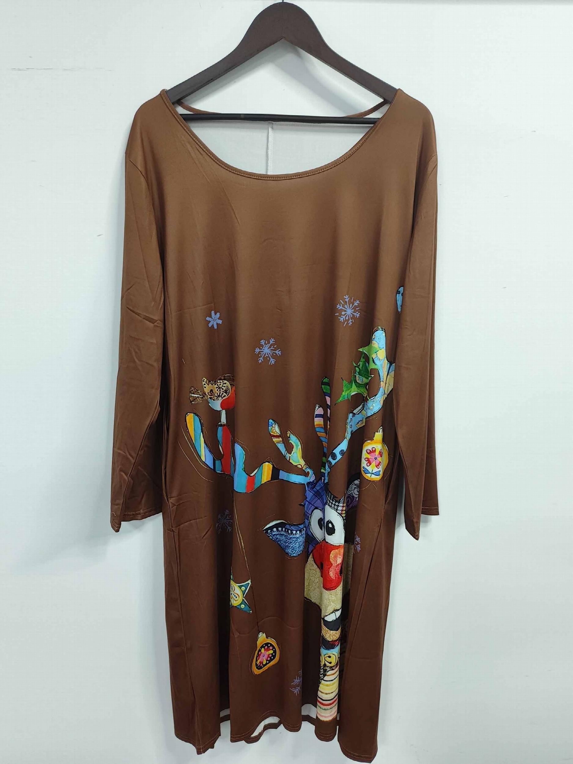  Reindeer Print Long Sleeve Round Neck Knee Length Dress