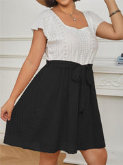  Casual Dress Colorblock Eyelet Embroidery Knot Front Square Neck Dress