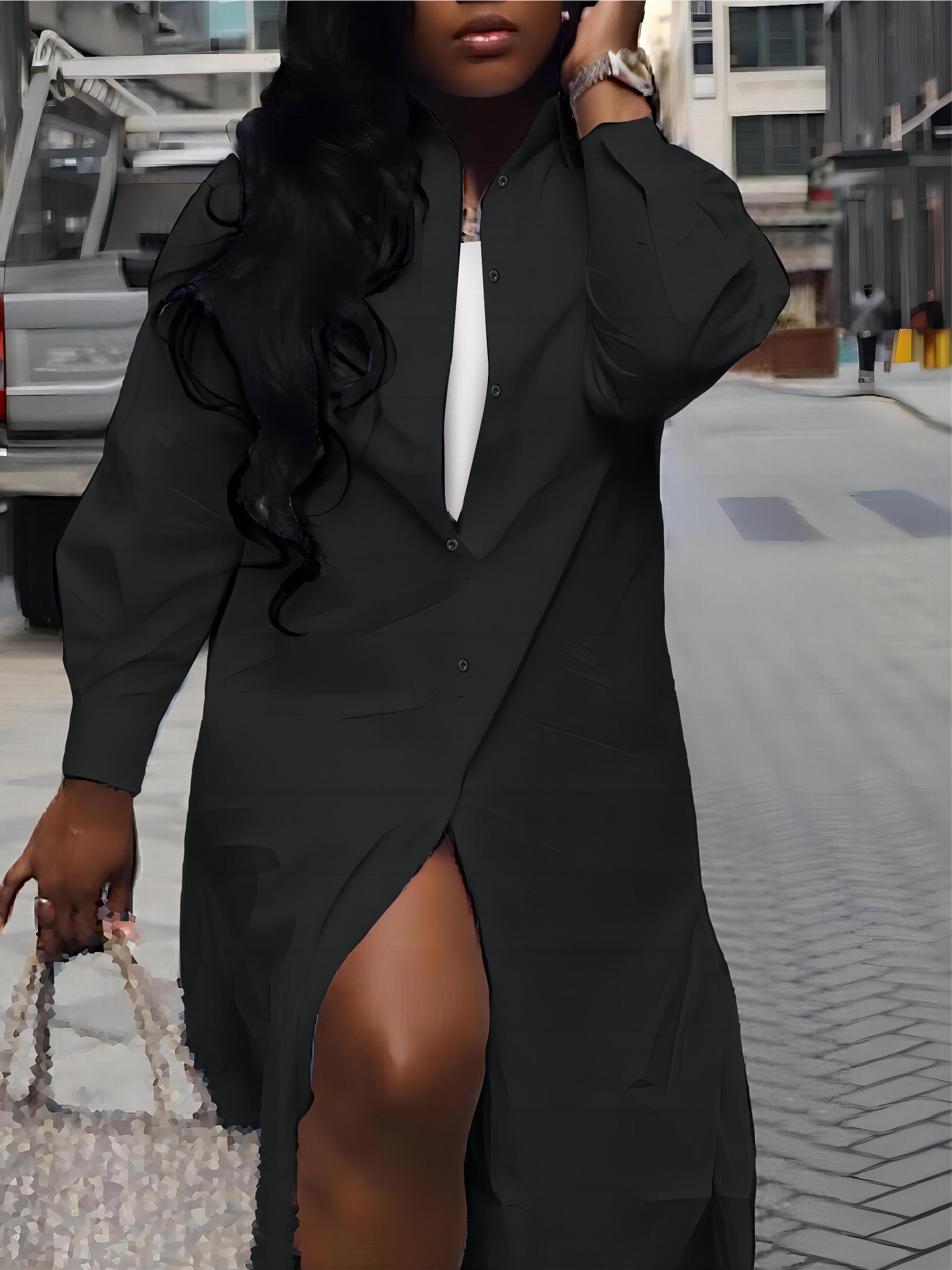 Women's Plus Solid Button Up Lantern Sleeve Midi Shirt Dress