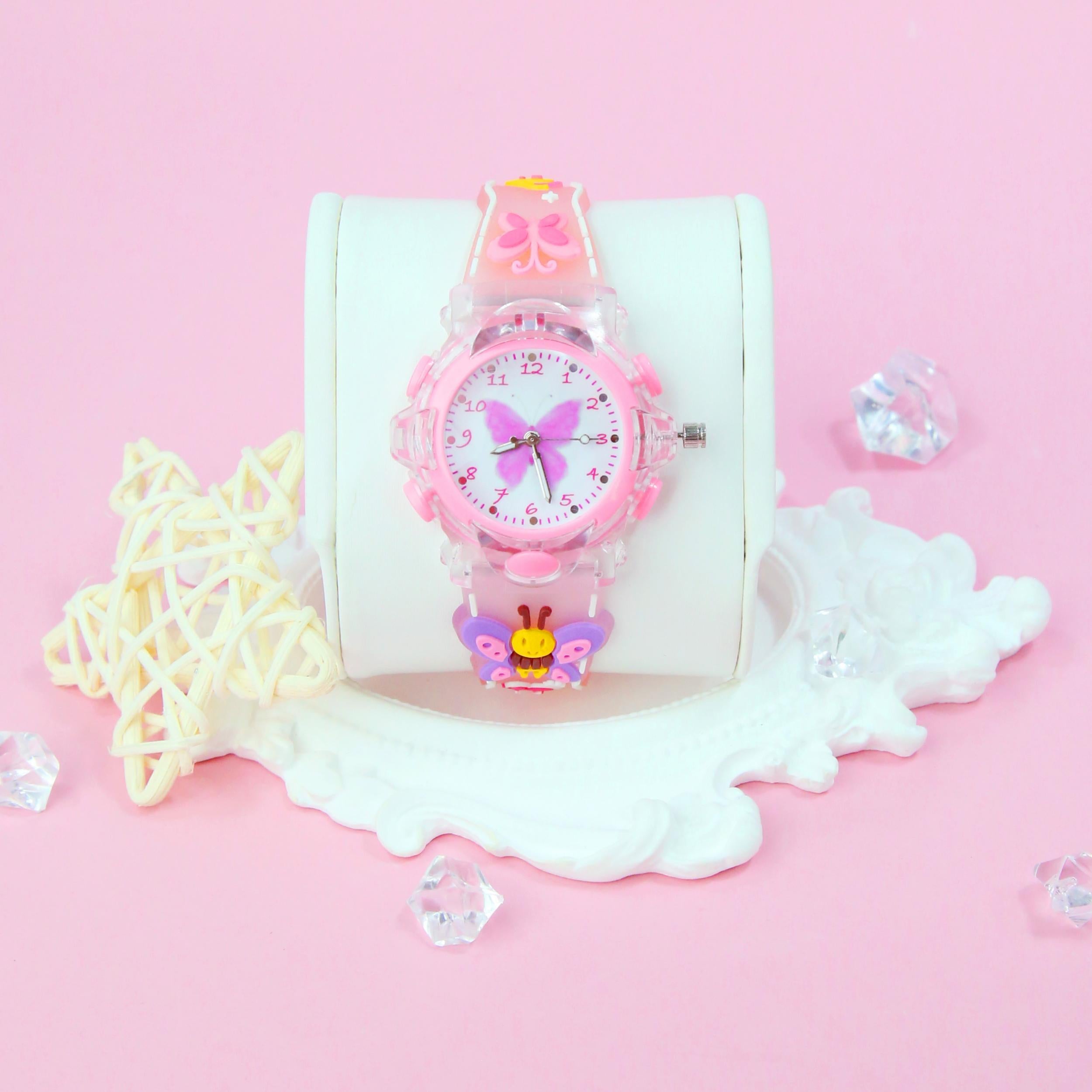 Butterfly Quartz Watch Glowing Hands Soft Silicone Strap Pink Dial Charms