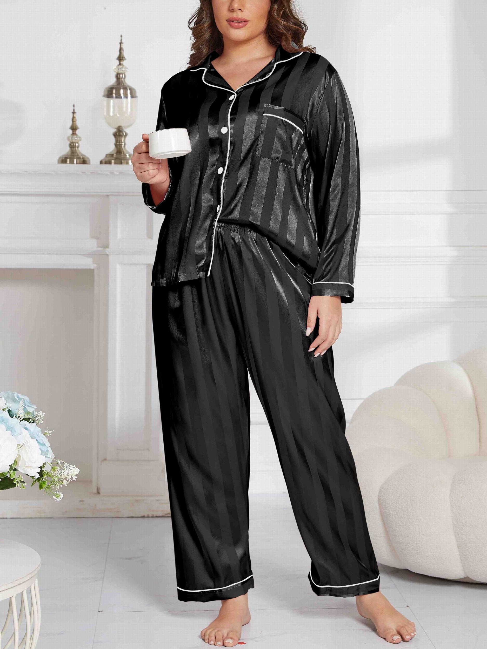  Striped Satin Shirt & Pants Pajamas 2 Piece Set