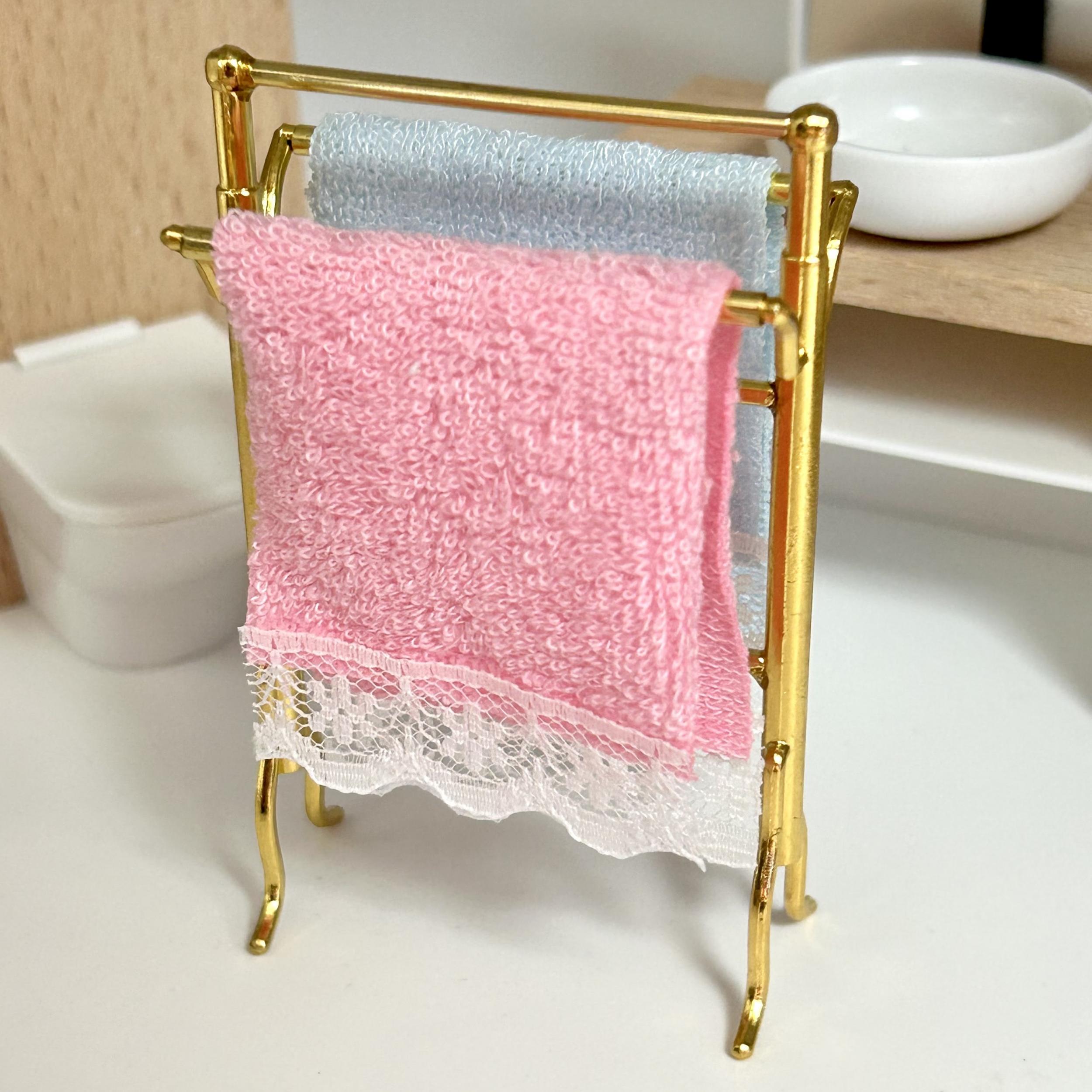 Dollhouse Golden Towel Rack Set with Pink Towels