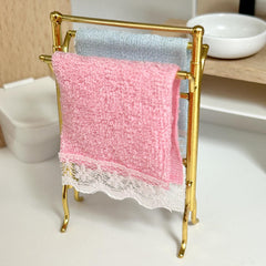 Dollhouse Golden Towel Rack Set with Pink Towels
