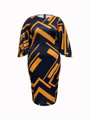  Geometric Print Round Neck Bodycon Midi Dress