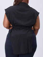  Y2k Blouse Cap Sleeve Button Up Turn Down Collar Top