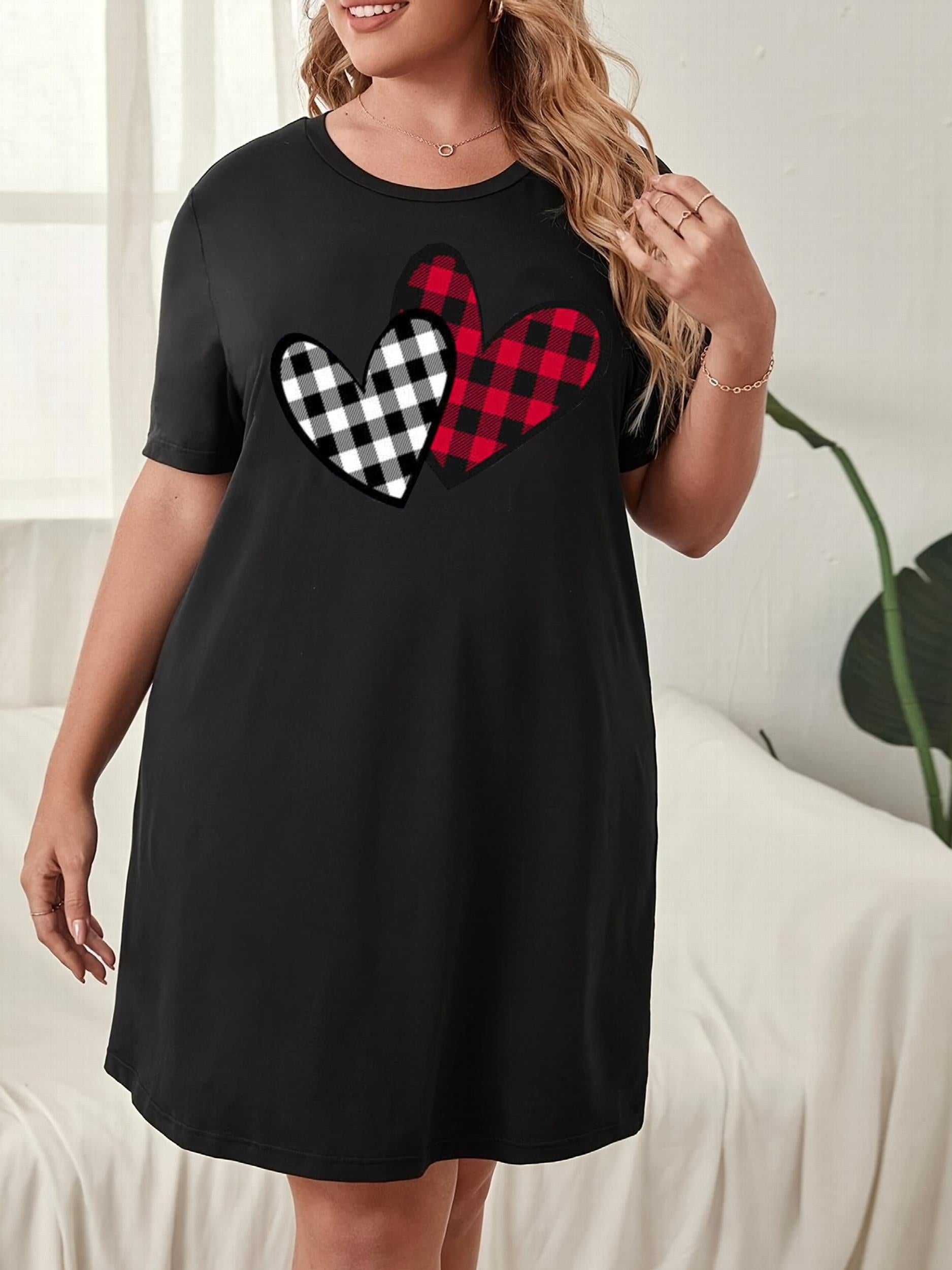  Plaid Heart Print Nightshirt Short Sleeve Graphic Nightdress