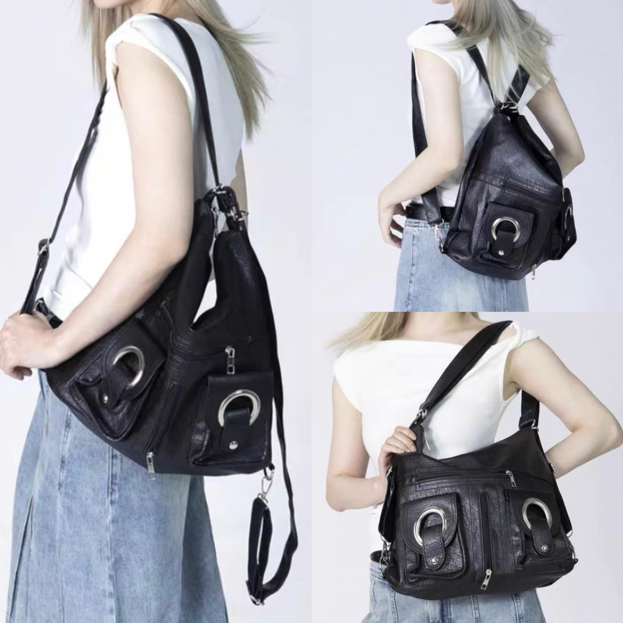 Punk Tote Bag PU Leather Backpack Shoulder Bag with Large Capacity Pockets