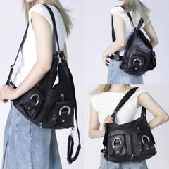 Punk Tote Bag PU Leather Backpack Shoulder Bag with Large Capacity Pockets