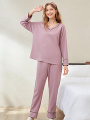Solid Pajama Set Long Sleeve V Neck Top & Elastic Waistband Pants