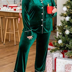  Velvet Shirt & Pants Lounge Set Long Sleeve Button Up Pajamas