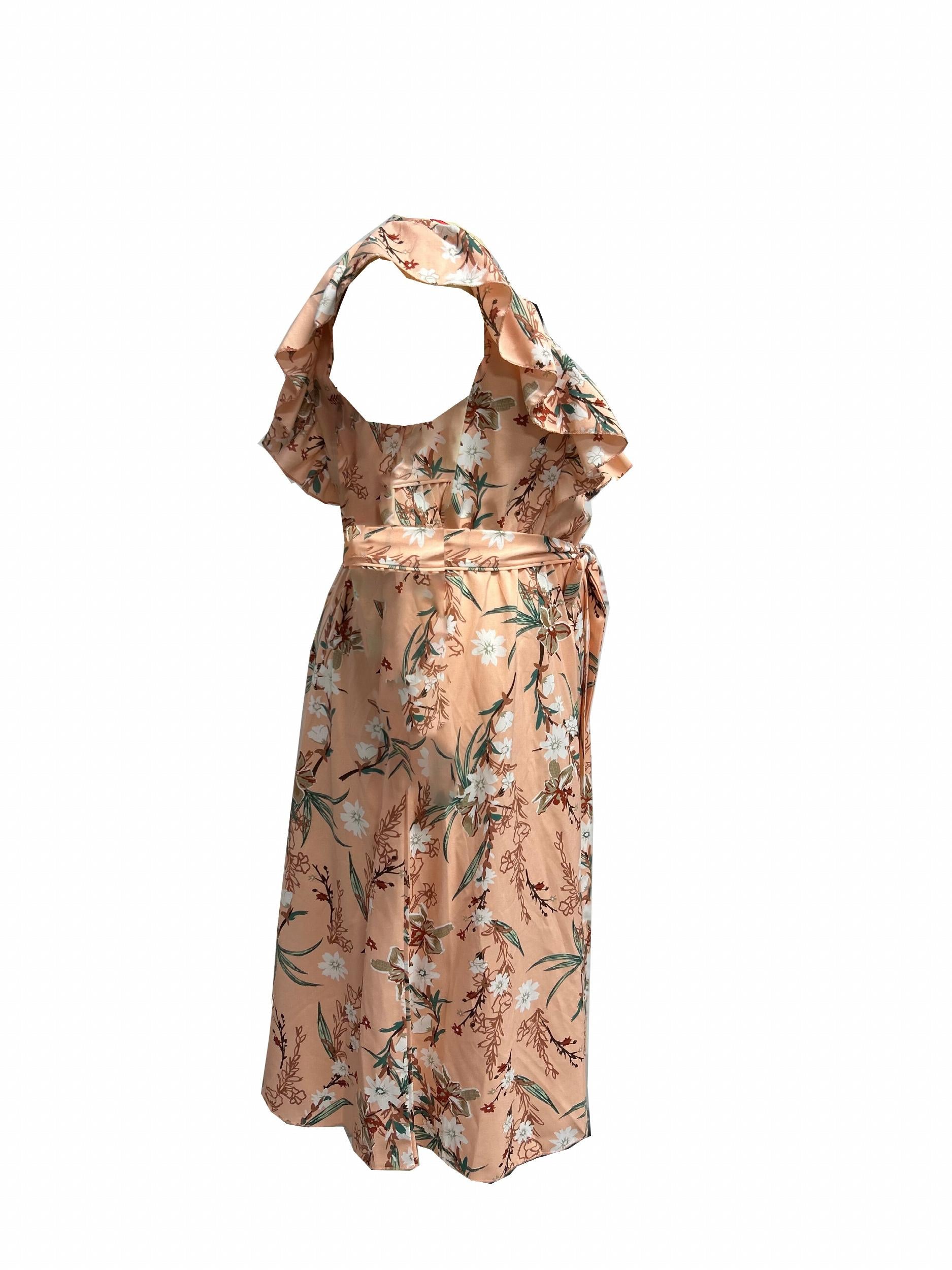  Floral Print Ruffle Trim Cap Sleeve Midi Dress With Belt