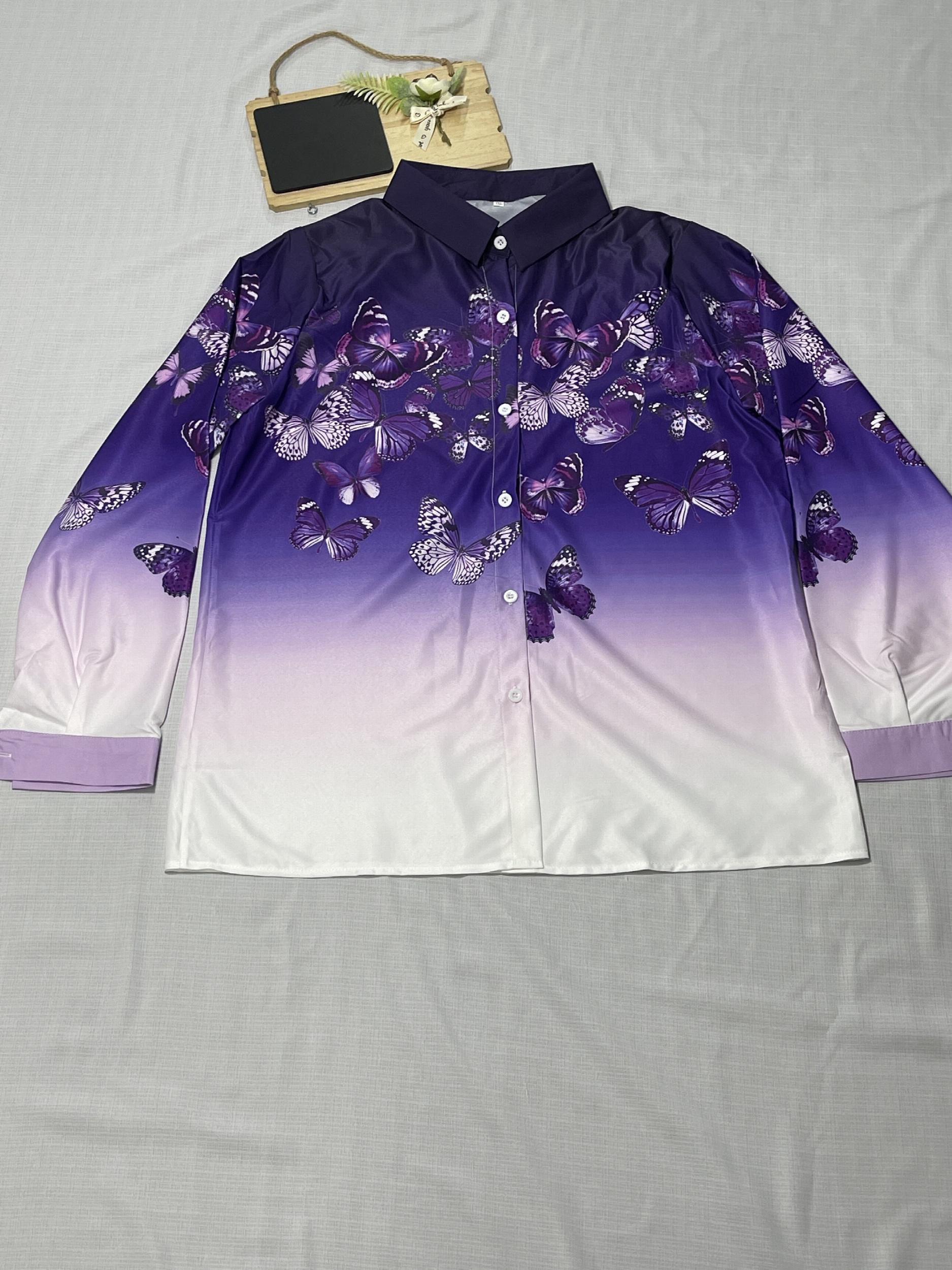  Butterfly & Ombre Print Long Sleeve Button Up Blouse