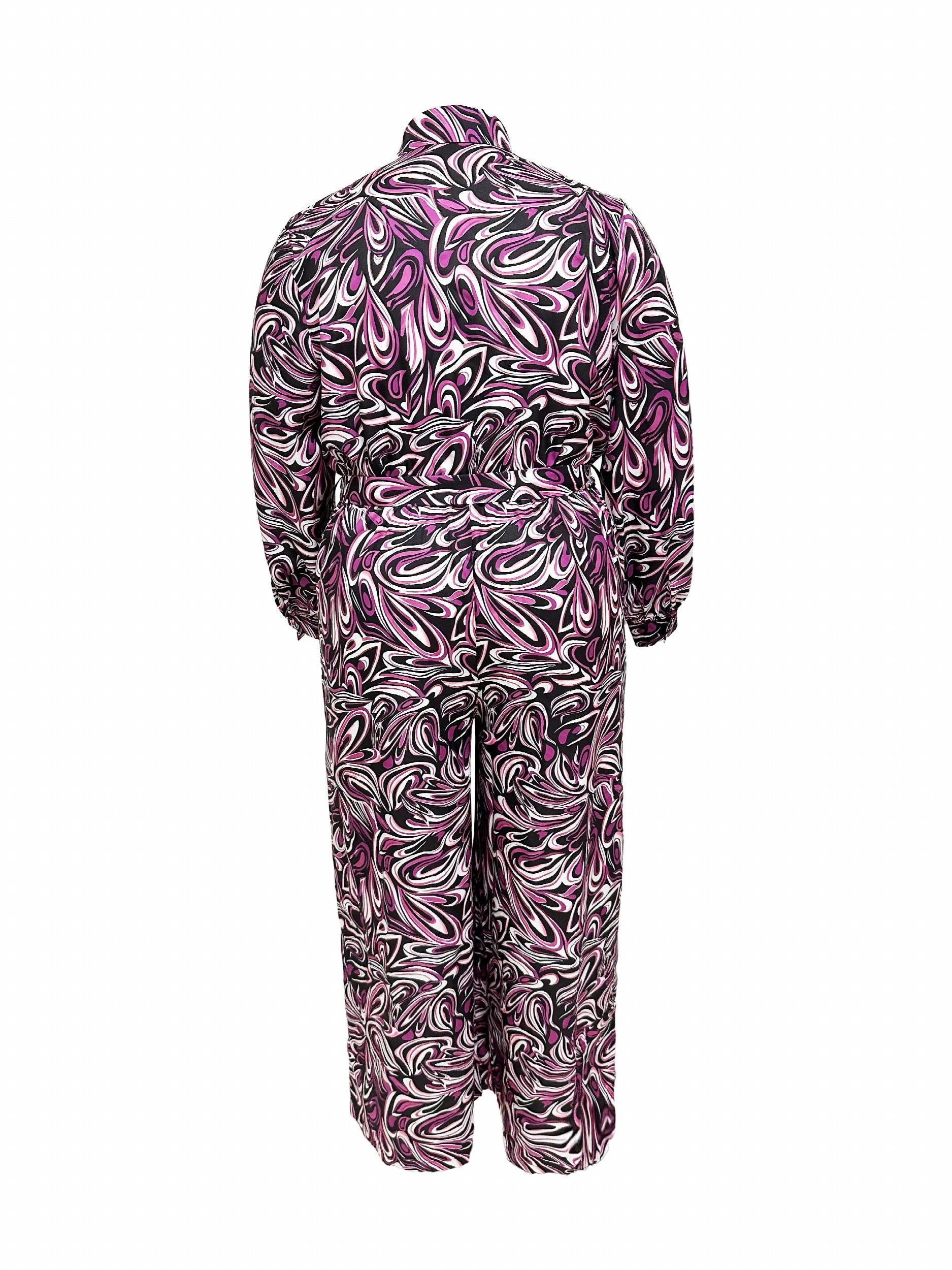  Casual Jumpsuit Women's Plus Allover Print Button Up Long Sleeve