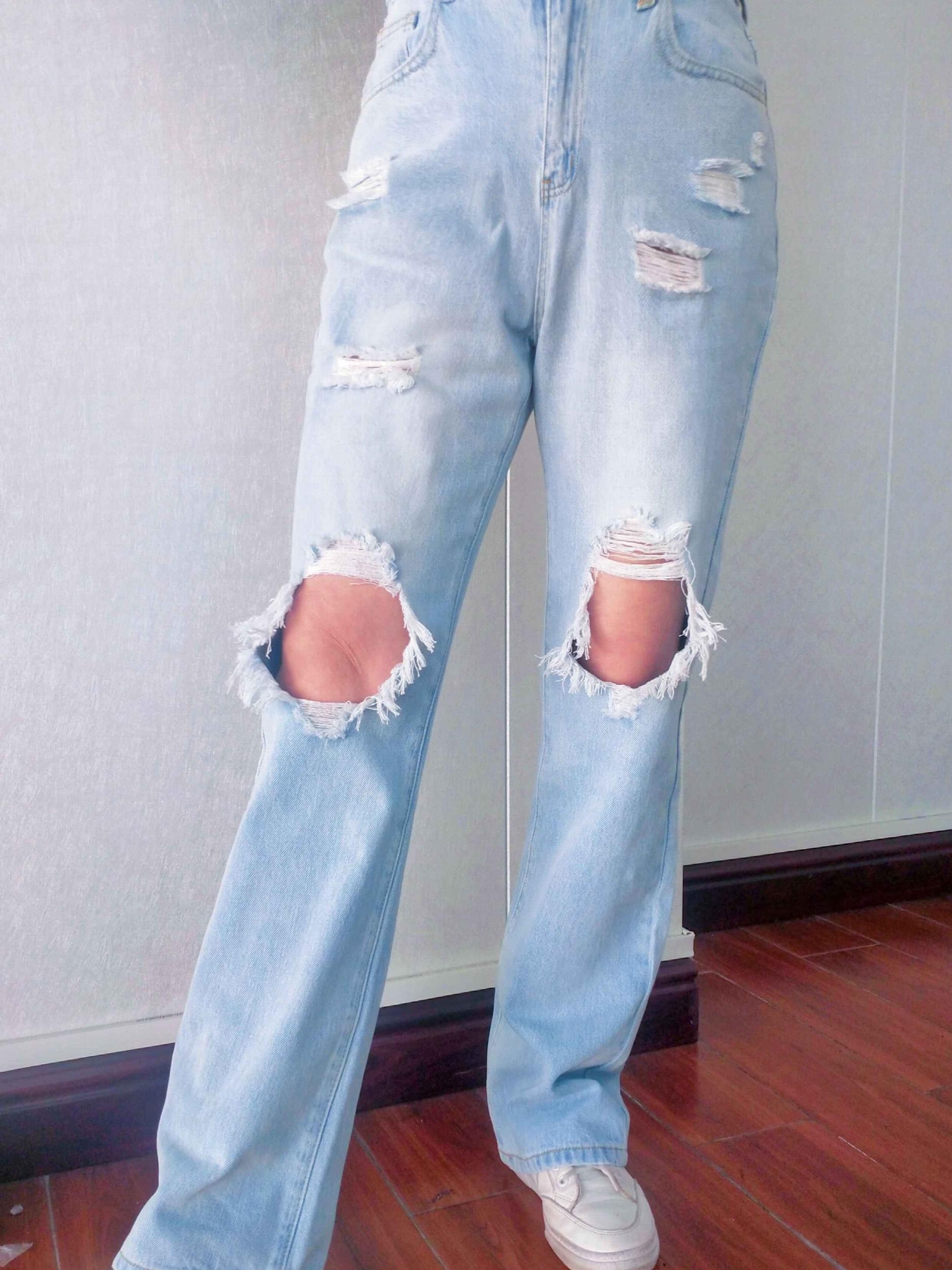 High Waist Ripped Jeans Loose Fit Slash Pockets
