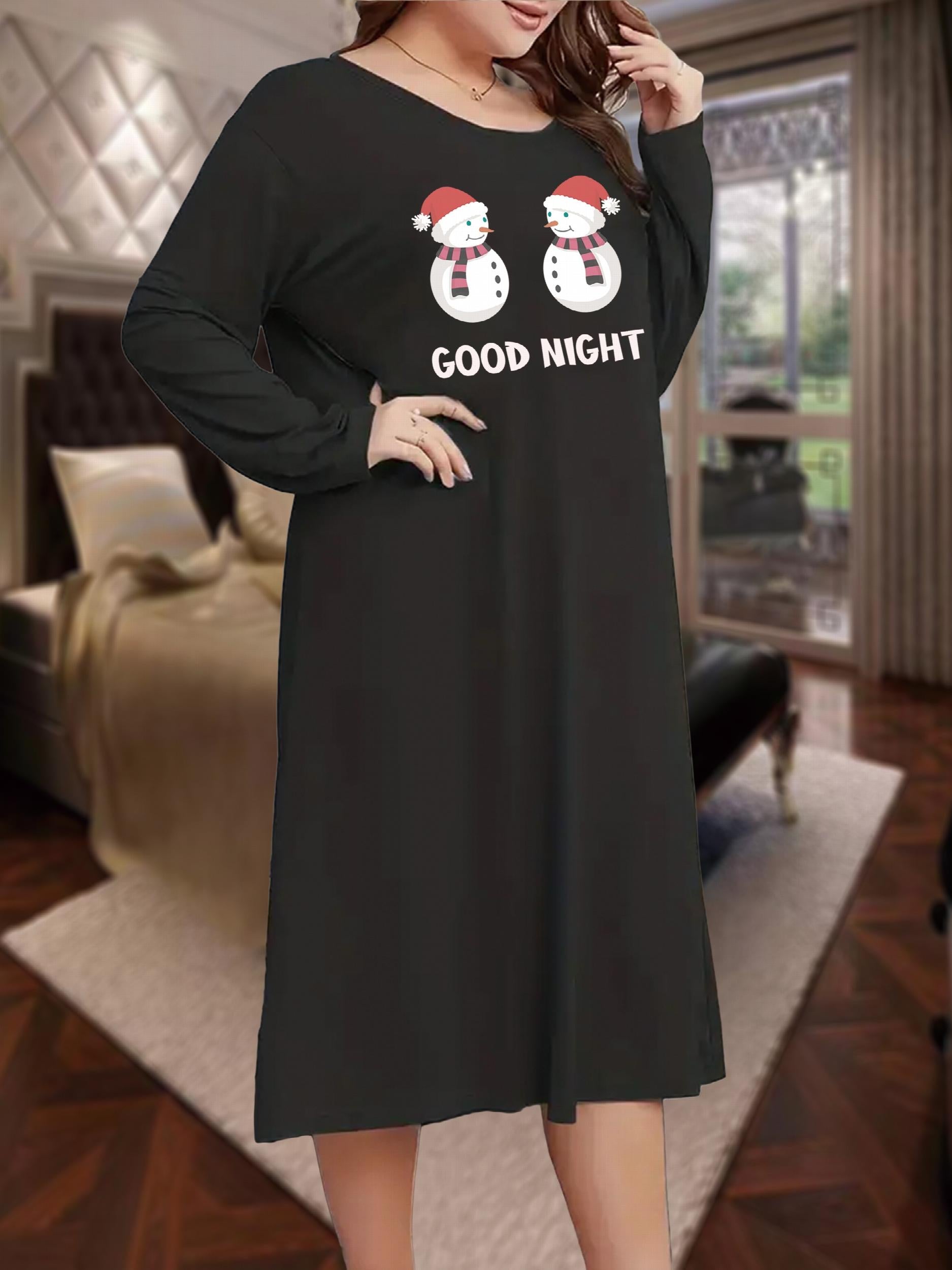  Christmas Nightdress Women's Plus Snowman & Letter Print Long Sleeve