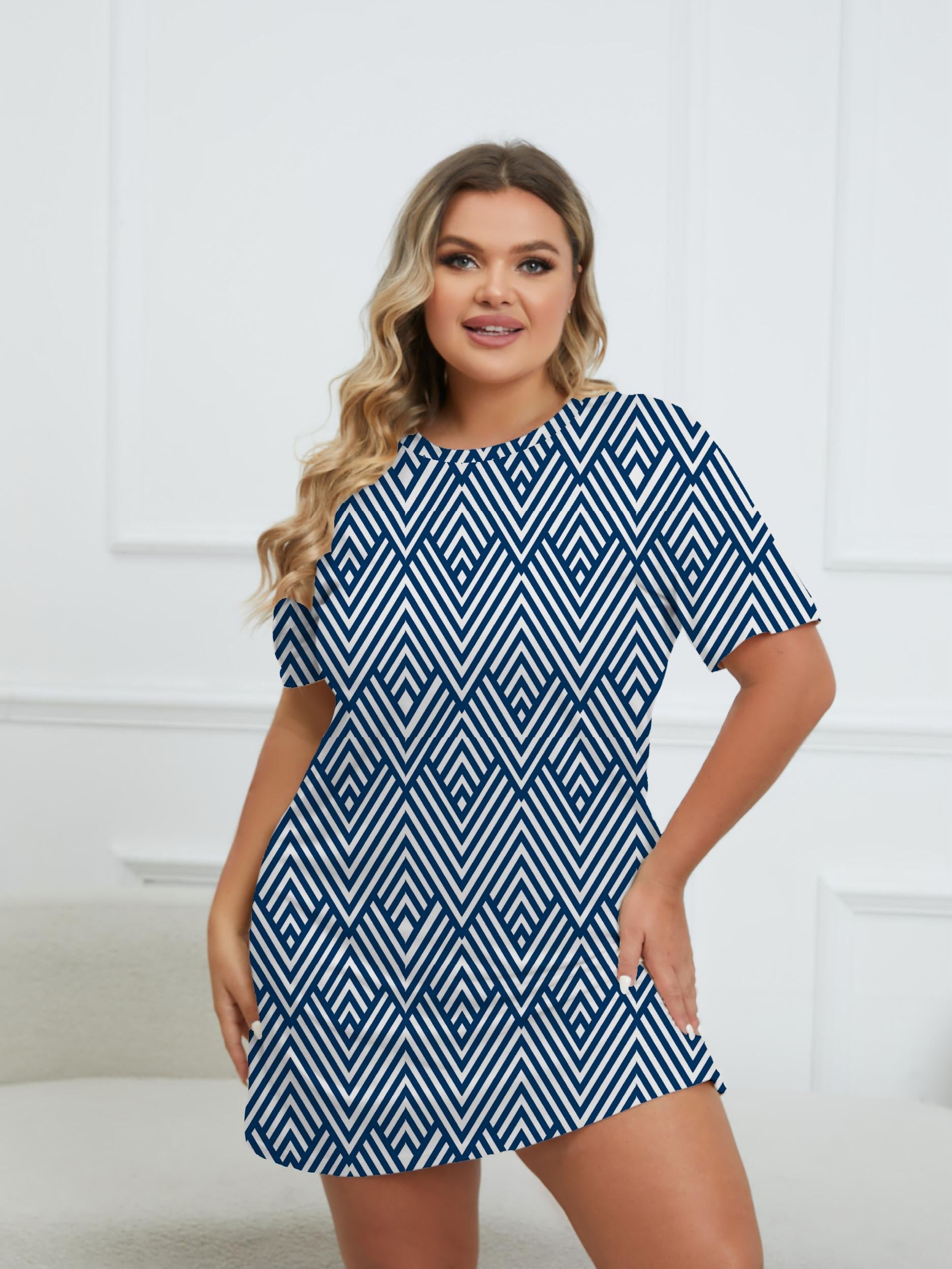  Geometric Print Round Neck Dress