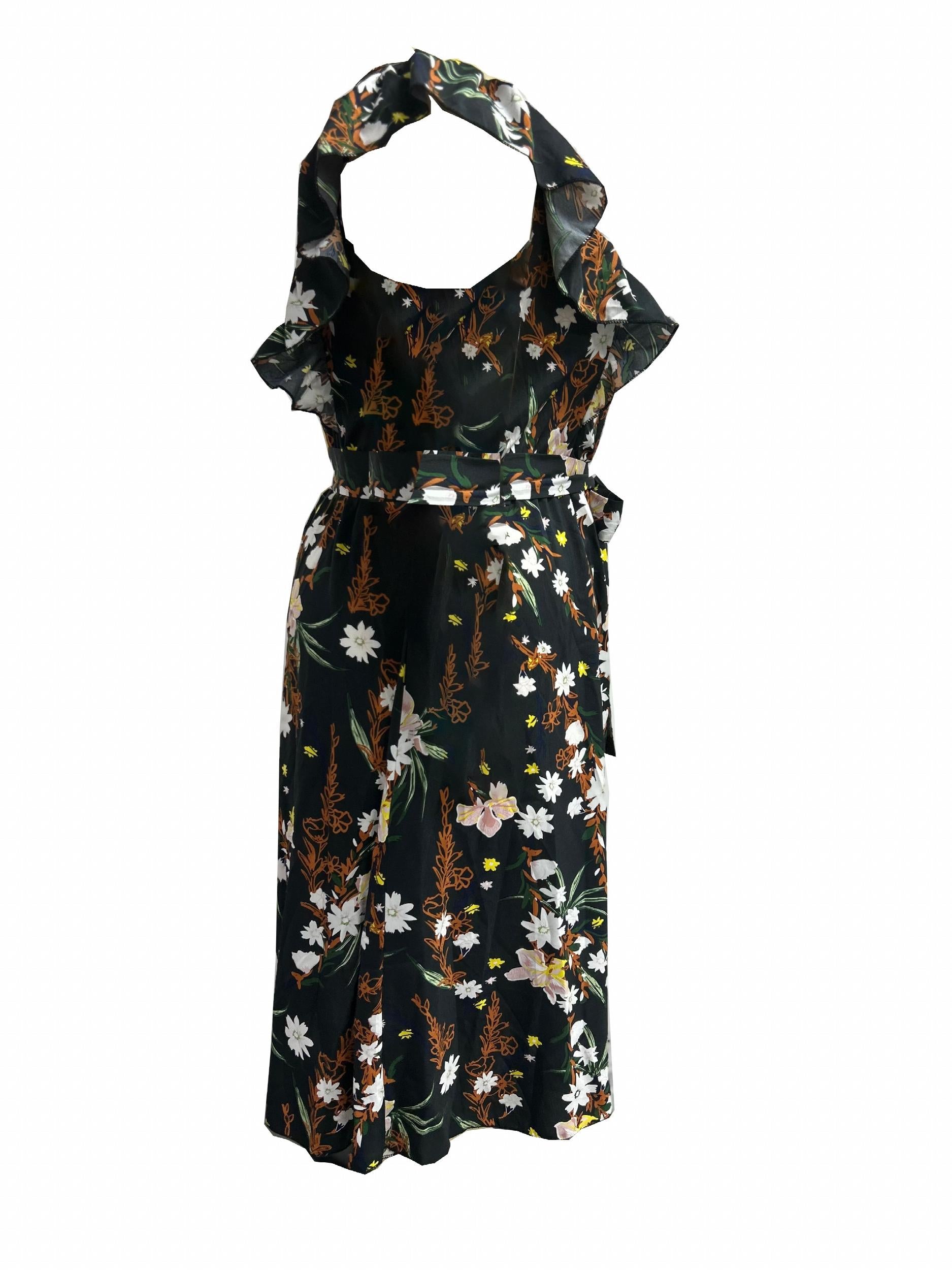  Floral Print Ruffle Trim Cap Sleeve Midi Dress With Belt