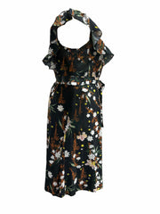  Floral Print Ruffle Trim Cap Sleeve Midi Dress With Belt
