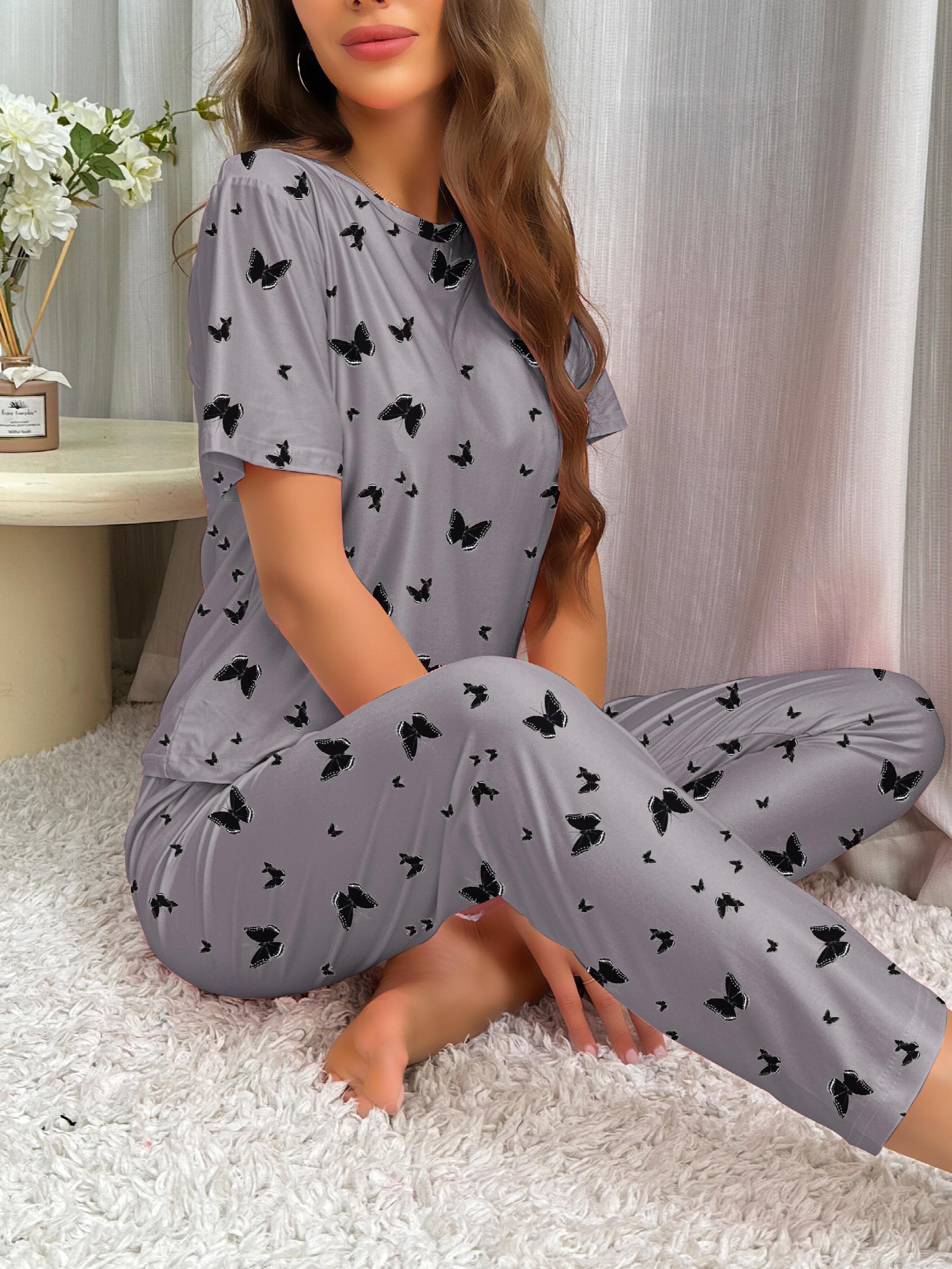 Butterfly Print Pajama Set Short Sleeve Crew Neck Top & Elastic Waistband Pants