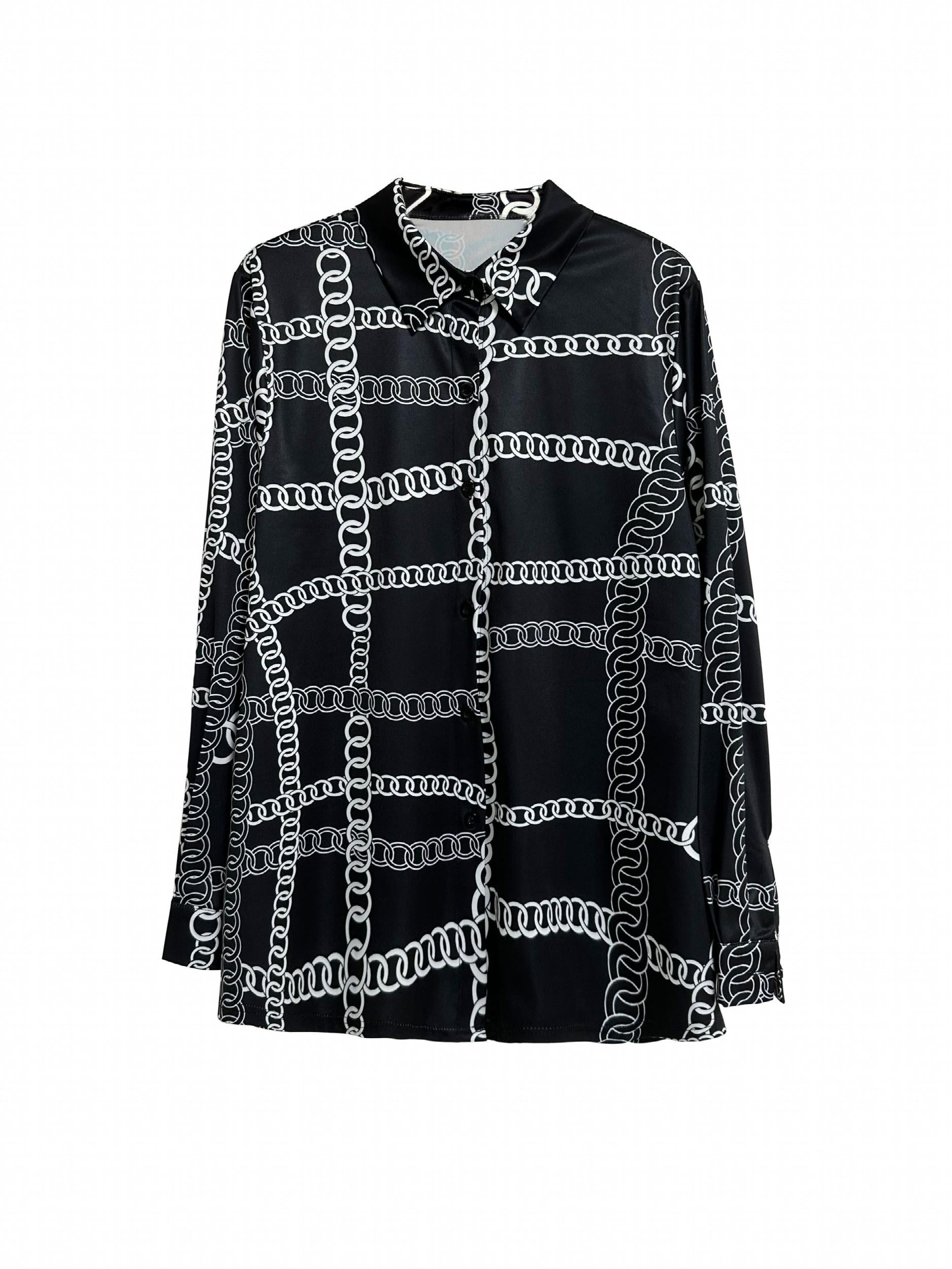 Chain Print Button Up Long Sleeve Blouse