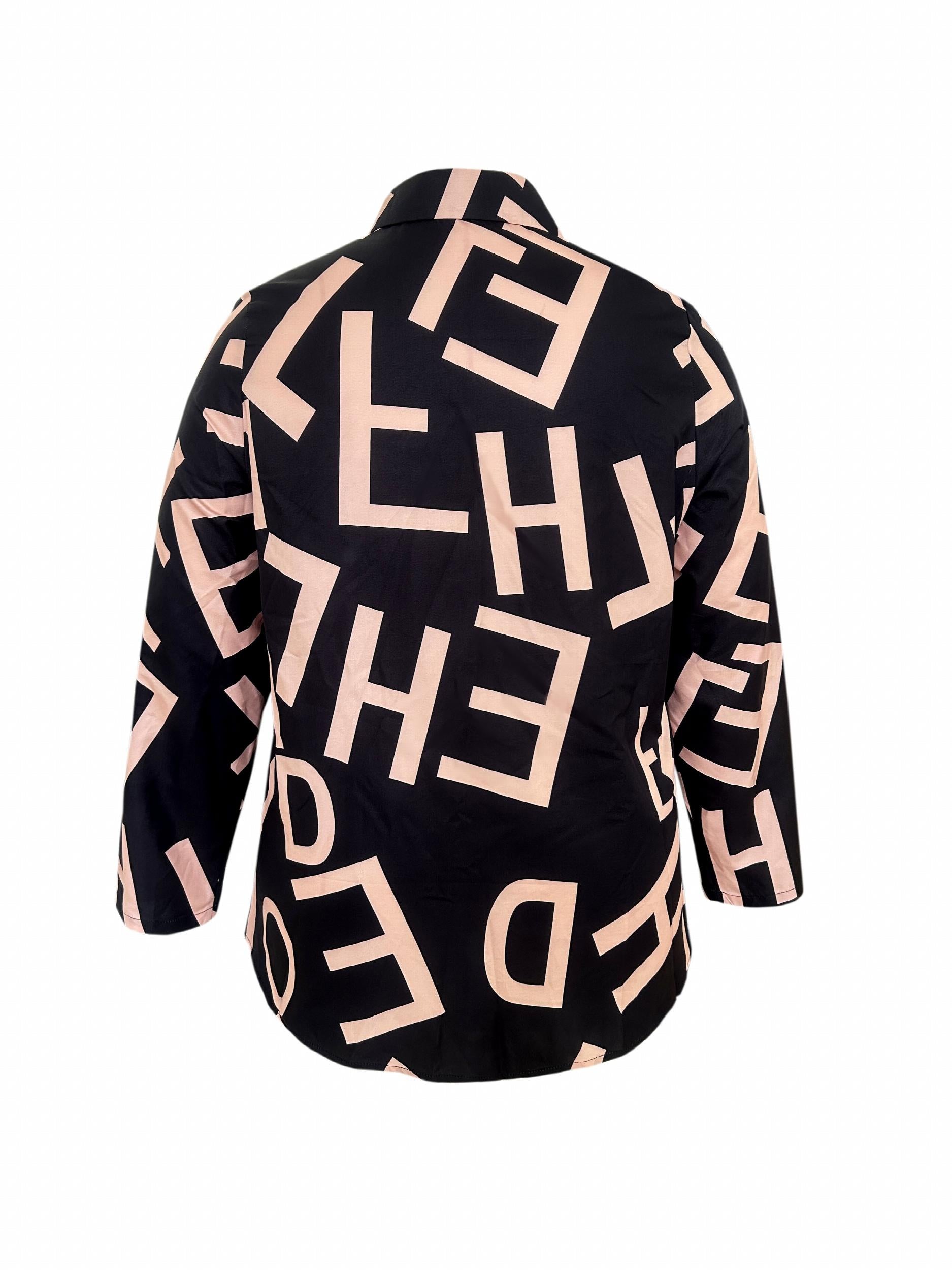  Blouse Women's Plus Letter Print Long Sleeve Shirt