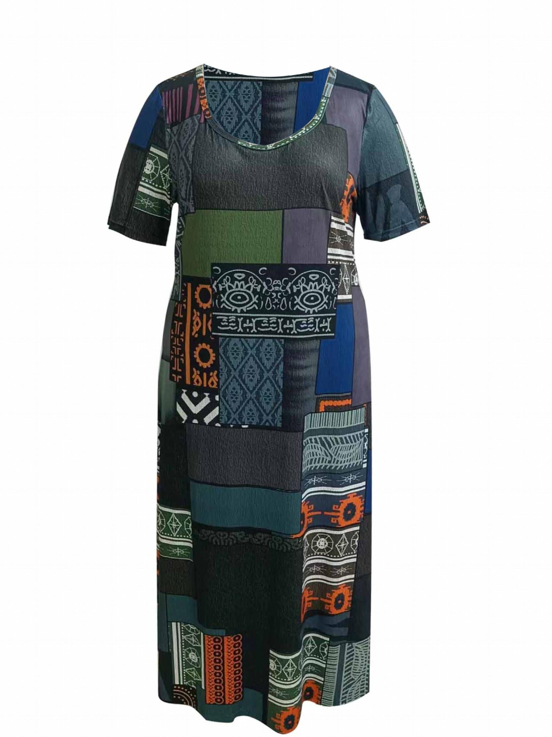  Colorblock Print Short Sleeve Dress