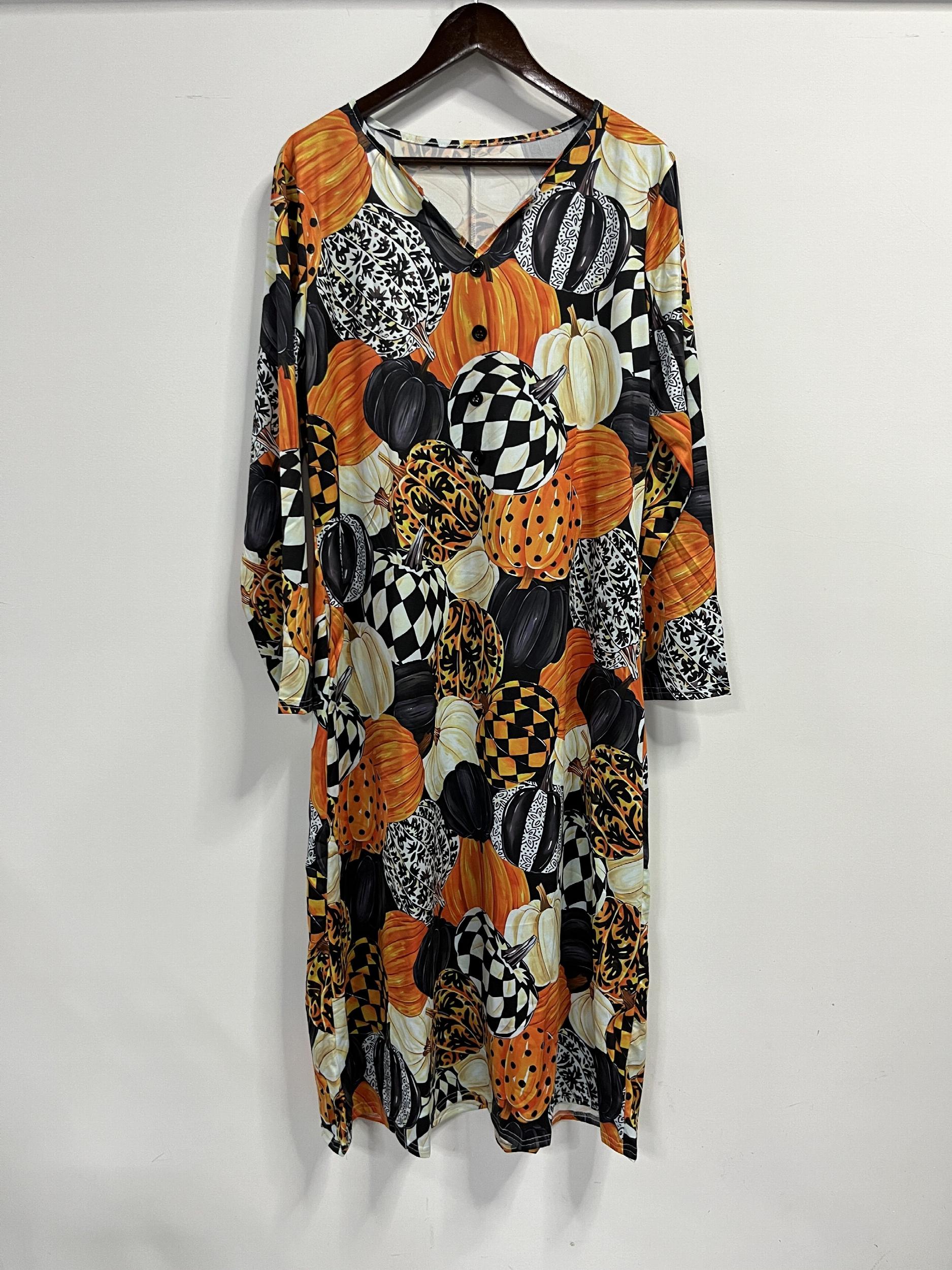  Halloween Pumpkin Print Long Sleeve Dress