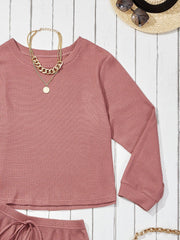  Waffle Pattern Long Sleeve Top & Shorts 2 Piece Set