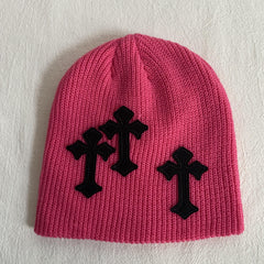 Gothic Cross Patch Knitted Beanie Solid Skull Hat Hip Hop Warm Knit Hat