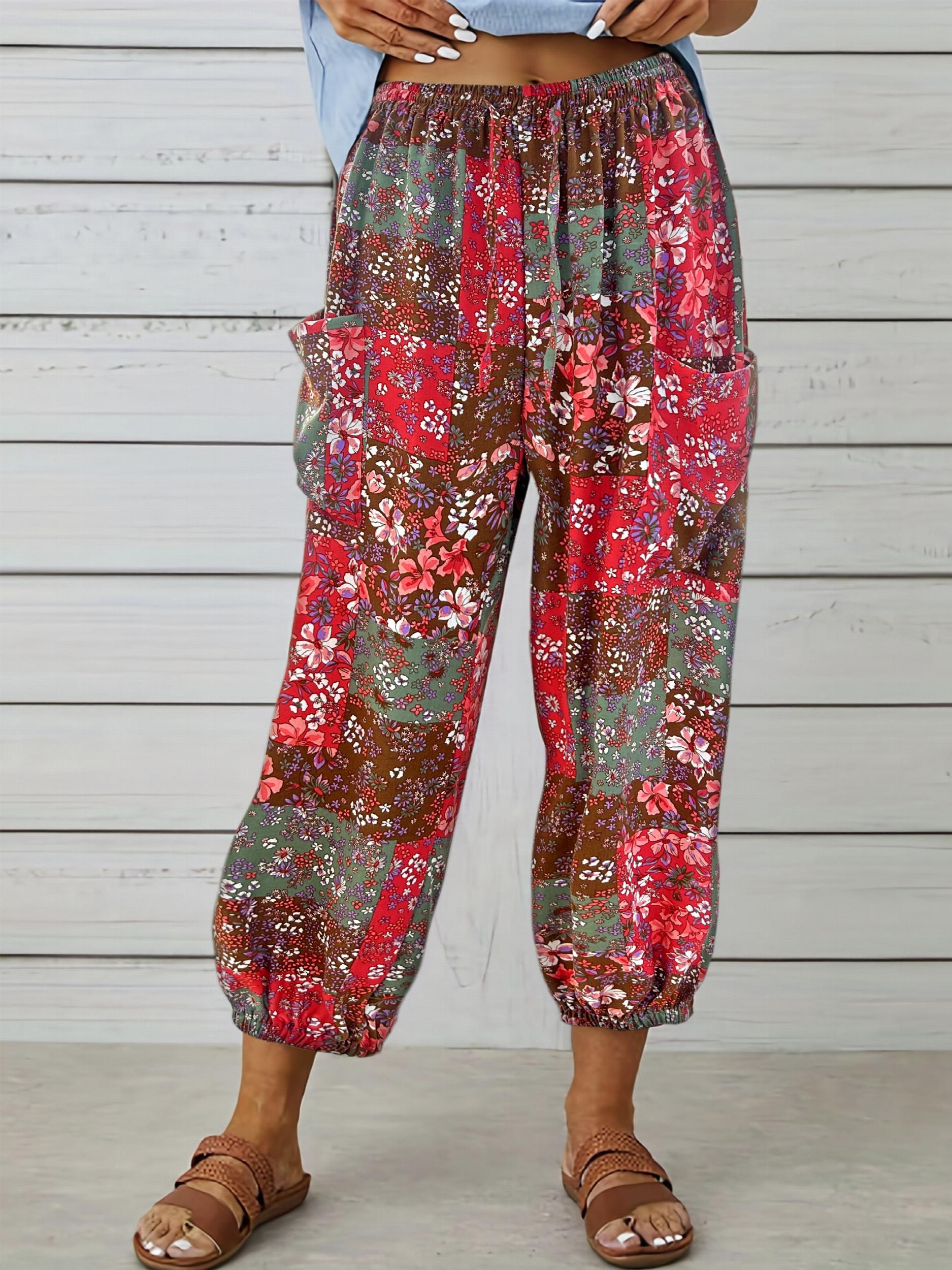  Floral Print Sporty Pants with Pockets